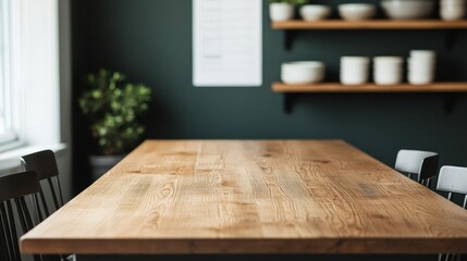 Poster - Empty wooden table inviting to work in bright modern office