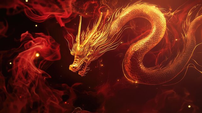 Bold dragon outline with golden accents, surrounded by swirling red smoke and abstract textures.