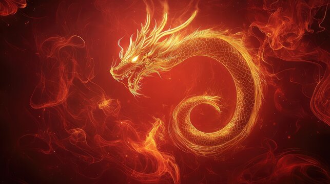 Bold dragon outline with golden accents, surrounded by swirling red smoke and abstract textures.