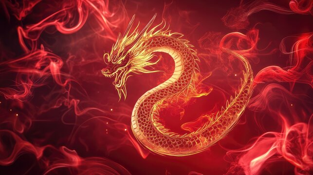 Bold dragon outline with golden accents, surrounded by swirling red smoke and abstract textures.