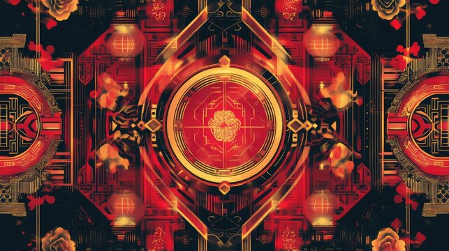 Bold Chinese New Year design featuring intricate geometric patterns and vibrant red and gold hues for a festive feel.
