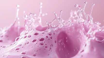 Poster - Droplets abstract background idea. Close-up of pink liquid with splashes and bubbles creating a vibrant, refreshing effect.