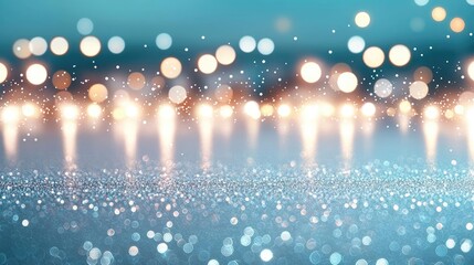 Poster - Sparkle abstract background concept. Beautiful bokeh lights shimmering over a reflective surface in calming blue tones.