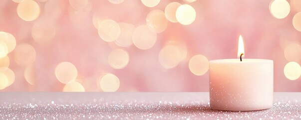 Poster - Sparkle abstract background concept. A softly glowing candle on a sparkly surface with a dreamy pink background.