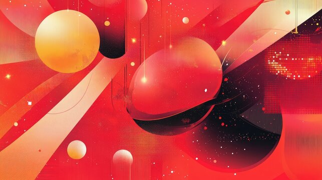 Bold red abstract graphics with festive elements like sparkles and glowing orbs, symbolizing the New Year.