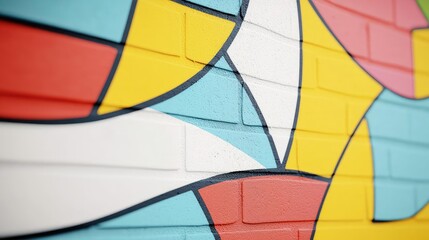 Poster - Graffiti abstract background concept. Vibrant mural design showcasing colorful geometric patterns on a brick wall.