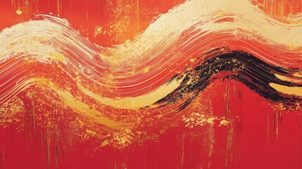 Fototapete - Bold red and gold waves with textured brush strokes and shimmering highlights for a modern Chinese New Year theme.
