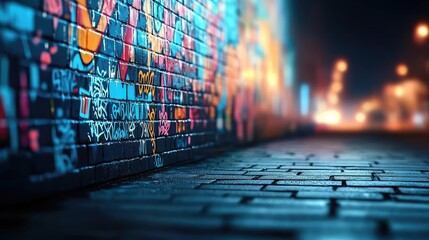 Poster - Graffiti abstract background concept. Vibrant street art illuminated at night on a brick wall, creating an urban atmosphere.