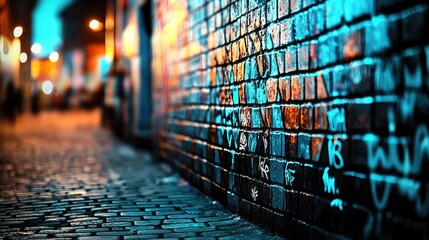Poster - Graffiti abstract background concept. Vibrant urban alley with colorful graffiti on brick walls at night, showcasing street art.