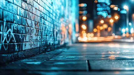 Poster - Graffiti abstract background concept. Urban alleyway with graffiti and vibrant city lights at night, showcasing modern city life.