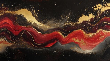 Fototapete - Bold, undulating red and gold waves on a dark background, creating an abstract, celebratory atmosphere.