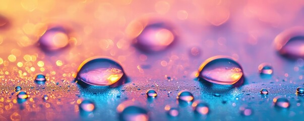 Poster - Droplets abstract background idea. Close-up of colorful water droplets reflecting light on a vibrant surface.