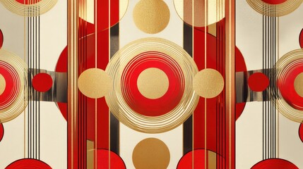 Fototapete - Bright abstract patterns with New Year motifs, combining bold red and gold geometric shapes for a festive look.
