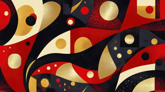 Bright abstract patterns with New Year motifs, combining bold red and gold geometric shapes for a festive look.
