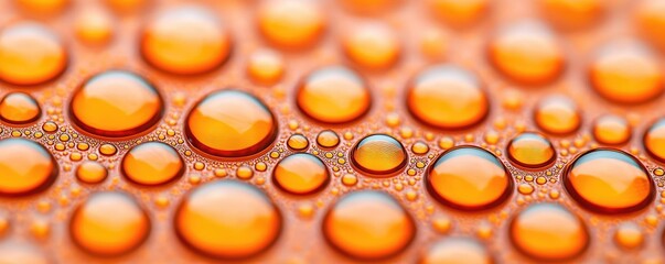 Poster - Droplets abstract background idea. Close-up of vibrant orange water droplets on a textured surface, showcasing nature's beauty.
