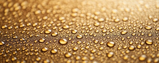 Poster - Droplets abstract background idea. Close-up of water droplets on a golden surface, creating a refreshing and vibrant look.
