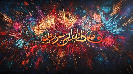 Fototapete - Calligraphy strokes surrounded by vibrant fireworks, blending artistic tradition with celebratory brilliance.