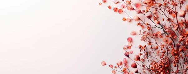 Poster - Droplets abstract background idea. Delicate pink blossoms arranged artfully against a soft white background.