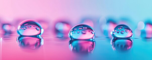 Poster - Droplets abstract background idea. Close-up view of water droplets reflecting colorful lights on a smooth surface.