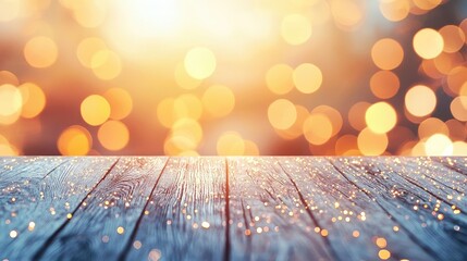 Poster - Sparkle abstract background concept. A beautiful wooden surface with shimmering bokeh effects in the background.