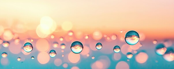 Poster - Droplets abstract background idea. Close-up of water droplets reflecting a beautiful sunset with soft, colorful bokeh background.