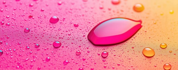 Poster - Droplets abstract background idea. Colorful water droplets on a vibrant pink and orange background, creating an artistic effect.