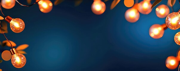 Poster - Sparkle abstract background concept. Warm string lights create a cozy atmosphere against a deep blue background.