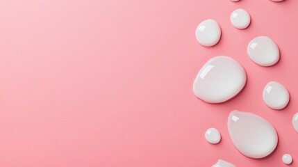 Poster - Droplets abstract background idea. Close-up of glossy water droplets on a soft pink background, enhancing freshness.