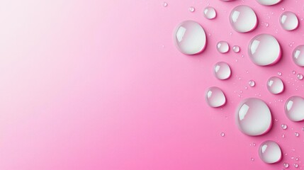 Poster - Droplets abstract background idea. Close-up of water droplets on a pink gradient background, creating a fresh and vibrant look.