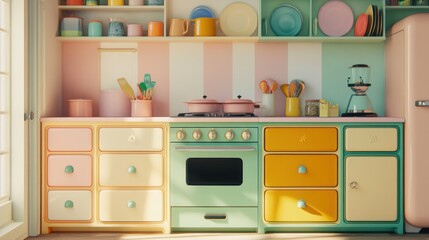 Pastel-colored retro kitchen with colorful cabinets, stove, and utensils.