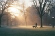 © ALLAI - Man walking dog in foggy park at sunrise