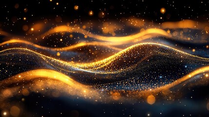 Poster - Sparkle abstract background concept. Stunning golden wave patterns with sparkling effects on a dark background.