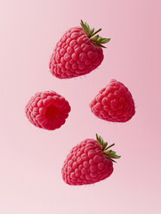 Wall Mural - Ripe sweet raspberries with leaves levitate on a pink background. Delicious berries. Advertising for berry juice, cosmetics, yogurt.