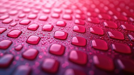Poster - Droplets abstract background idea. Close-up of bright red droplets on a textured surface, showcasing nature's beauty.