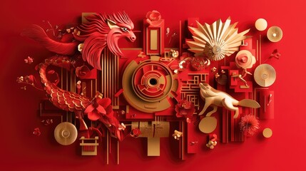 Wall Mural - Chinese zodiac symbols in abstract geometric shapes, with gold accents and vibrant red gradients.