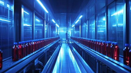 Poster - conveyor belt interior of a beverage plant with bottled drinks