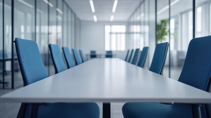 Poster - Empty conference table and blue chairs in a modern office