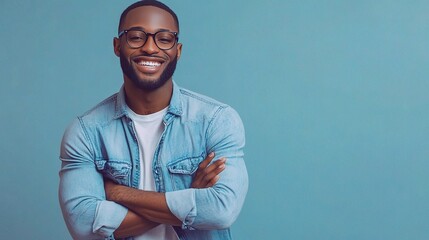 Wall Mural - Happy Fashionable Man in Jeans and Shirt Smiling with Confidence