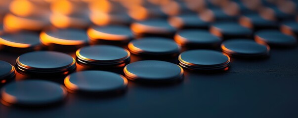 Poster - Circles abstract background concept. Close-up of shiny coins arranged in a modern abstract pattern with warm lighting.
