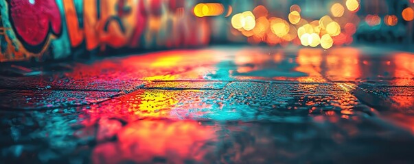 Poster - Graffiti abstract background concept. Vibrant urban street scene with colorful reflections on wet pavement after rain.