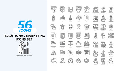 a set of line icons related to traditional marketing icons. analytics, business, campaign, communica