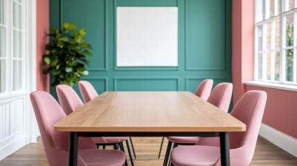 Poster - Empty meeting table in stylish office with pink chairs and green wall