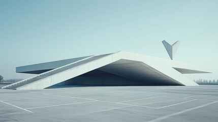 Poster - Modern architectural structure with angular design and stairs.