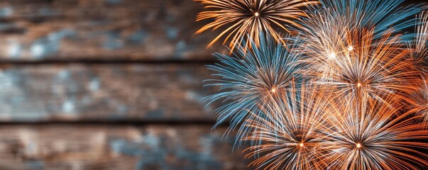 Poster - Fireworks abstract background idea. Colorful fireworks display illuminating a rustic wooden background.