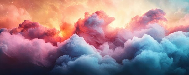 Poster - Cosmic abstract background idea. A stunning view of colorful clouds illuminated by a vibrant sunset, showcasing nature's beauty.