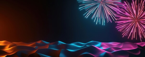 Poster - Fireworks abstract background idea. A vibrant display of fireworks lighting up the night sky with colorful waves below.