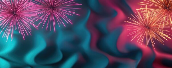 Poster - Fireworks abstract background idea. Vibrant fireworks burst against a colorful, wavy background, celebrating festivities.