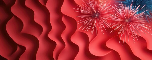 Poster - Fireworks abstract background idea. Vibrant red waves background with colorful fireworks for festive celebration themes.