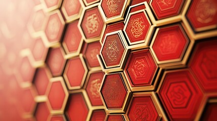 Leinwandbilder - Contemporary Chinese New Year theme with hexagonal gold patterns and red gradients in a sleek design.