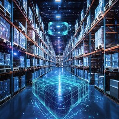 Poster - innovative virtual reality technology in a futuristic warehouse setting